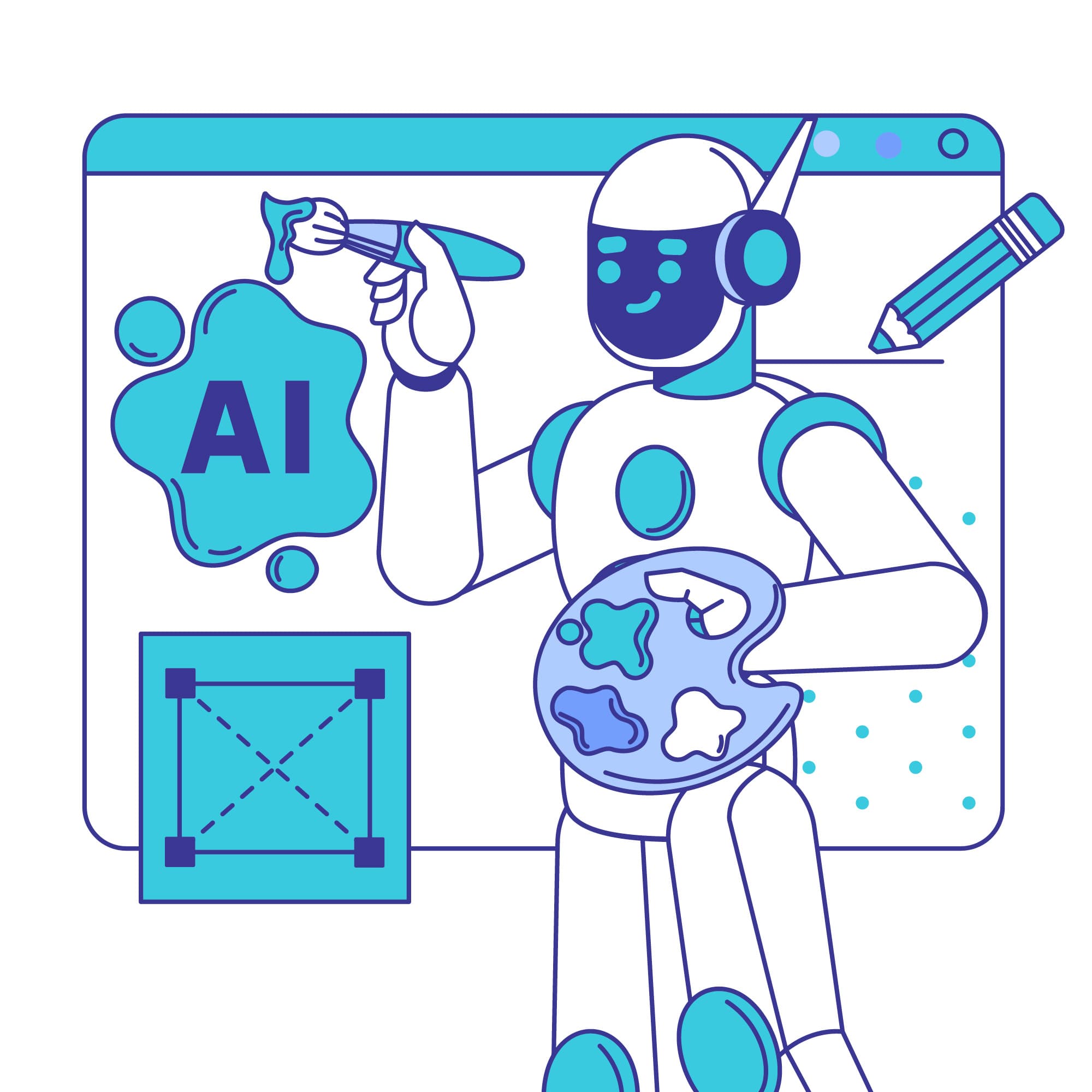 Cartoon robot painting 'AI' with digital design tools around it.