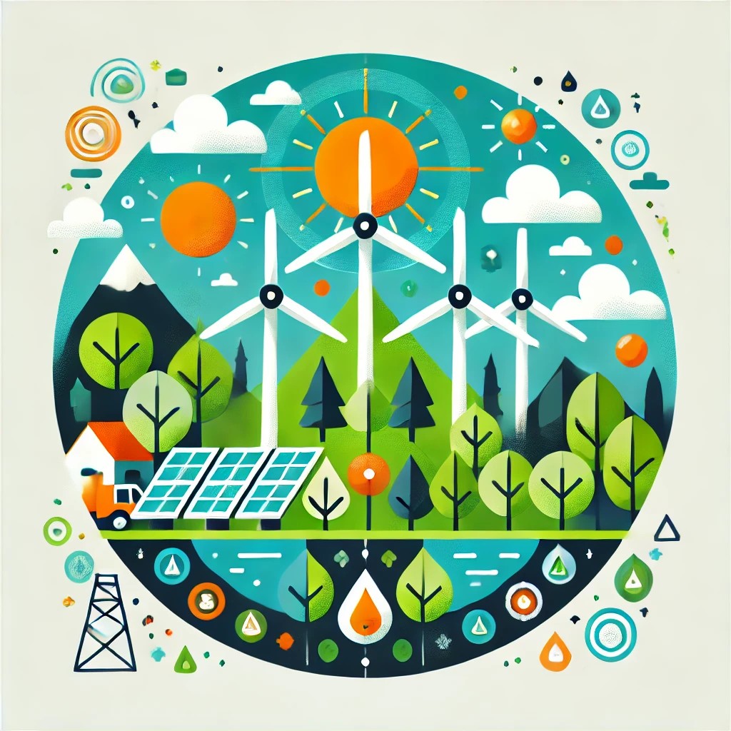 Cartoon-style energy exhibit with wind turbines, solar panels, and a sun.