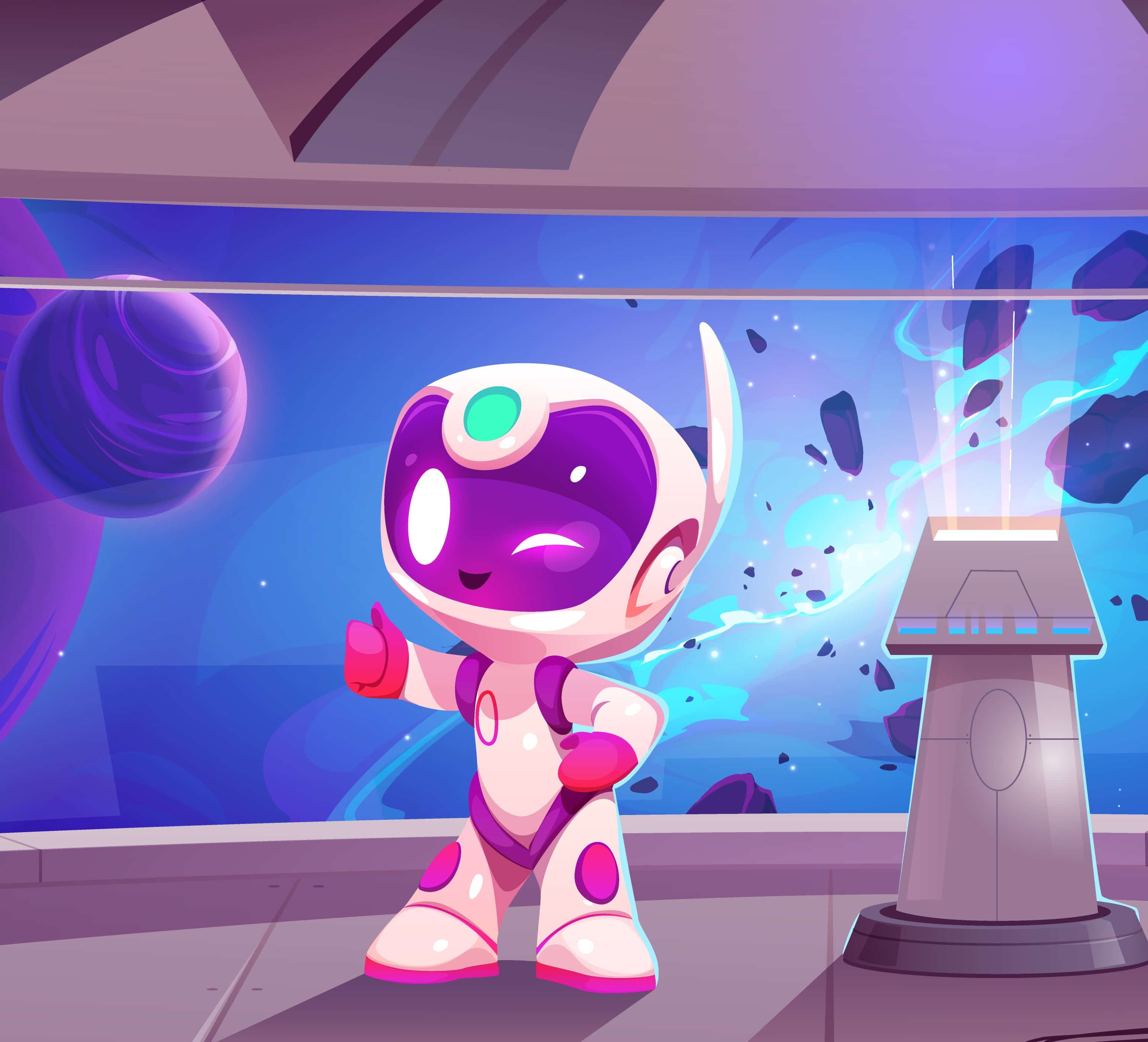 Cartoon spaceship interior with a friendly robot and space background