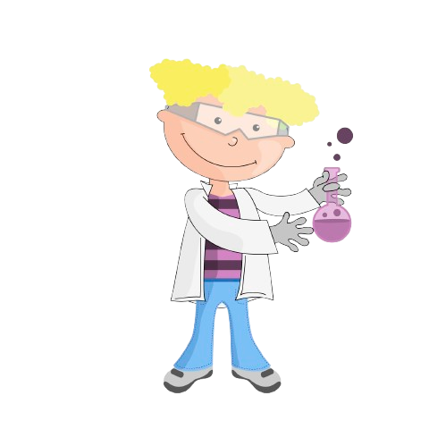 A cartoon scientist with yellow hair, goggles, and a lab coat holding a purple flask.