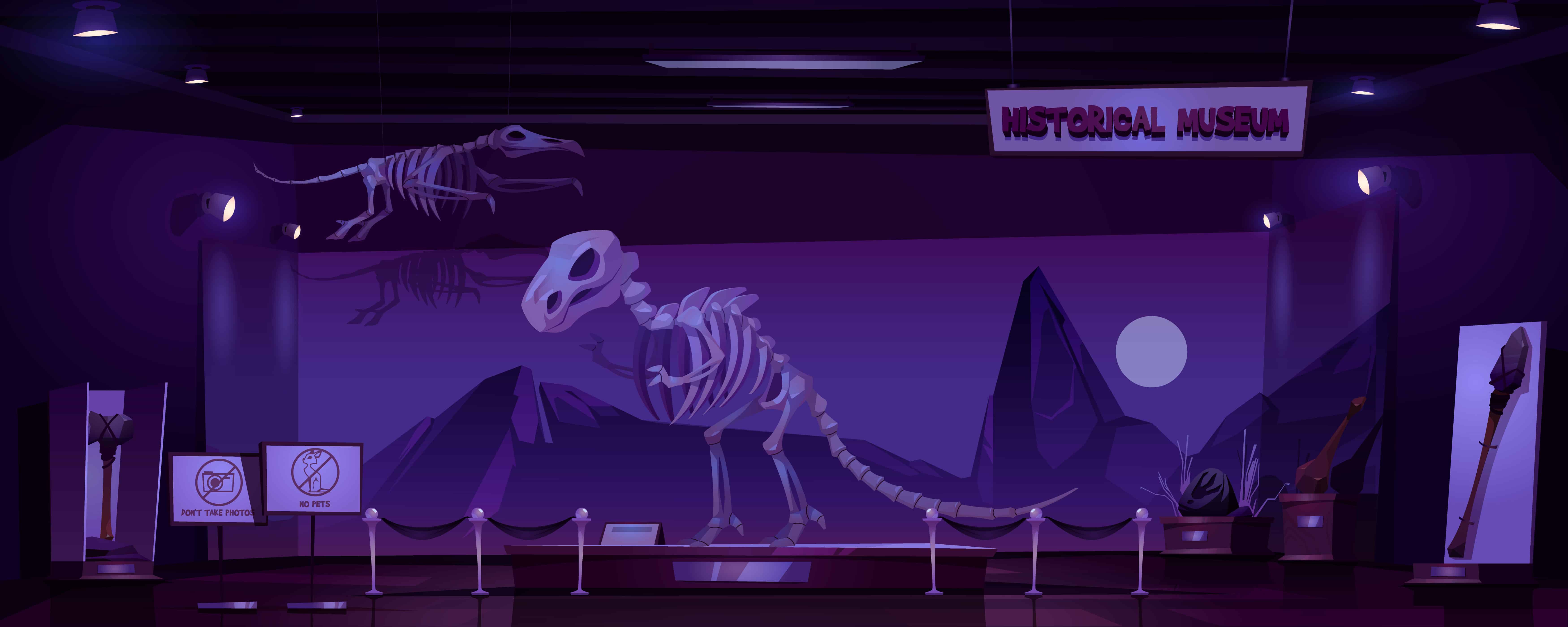 A dinosaur skeleton on display in a dark scary museum.
