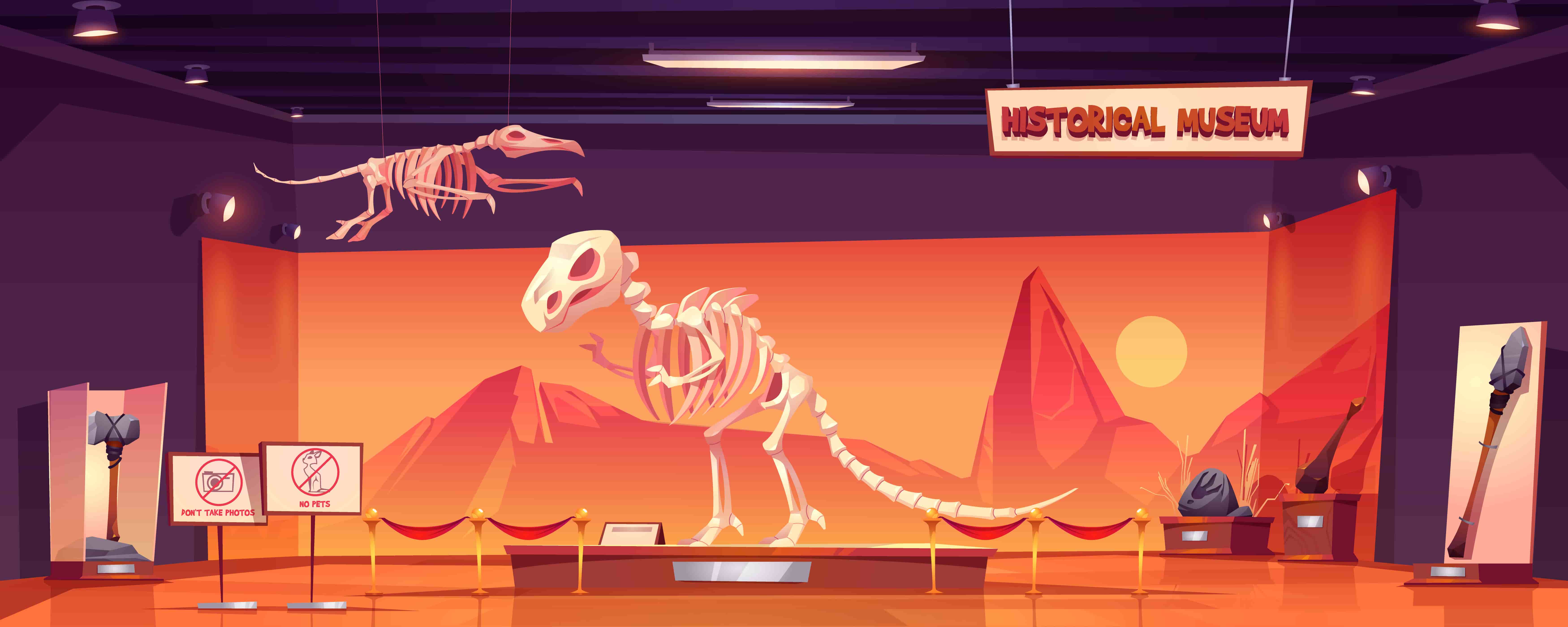 A dinosaur skeleton on display in a brightly lit museum with a mountainous backdrop.