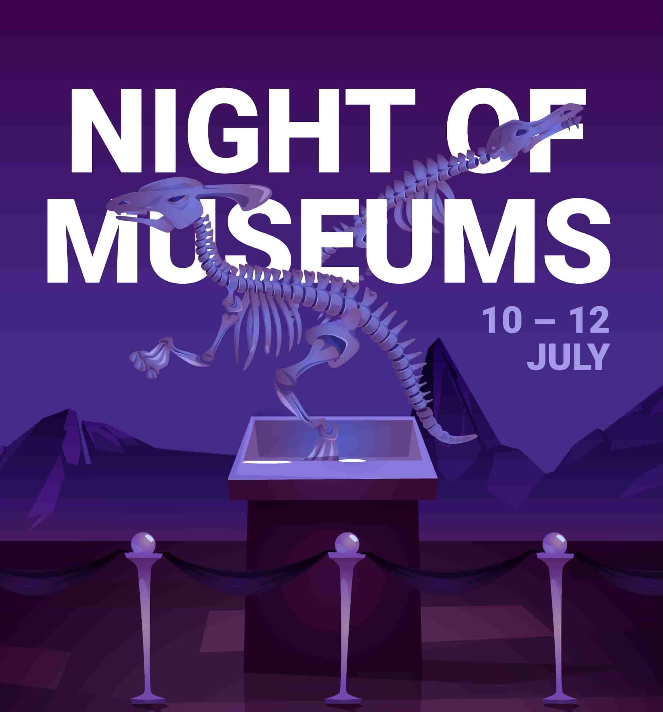 Poster for 'Night of Museums' with a glowing dinosaur skeleton and event details.