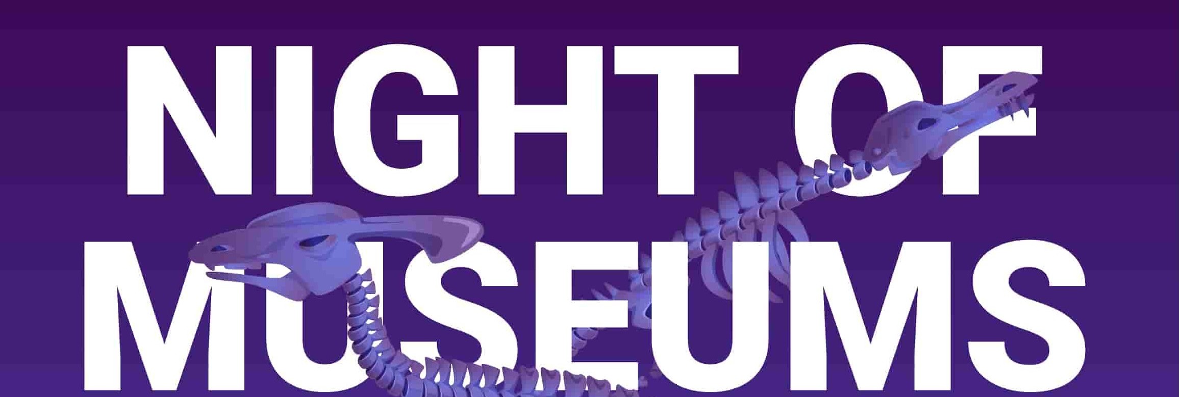 Poster for 'Night of Museums' with a glowing dinosaur skeleton and event details.