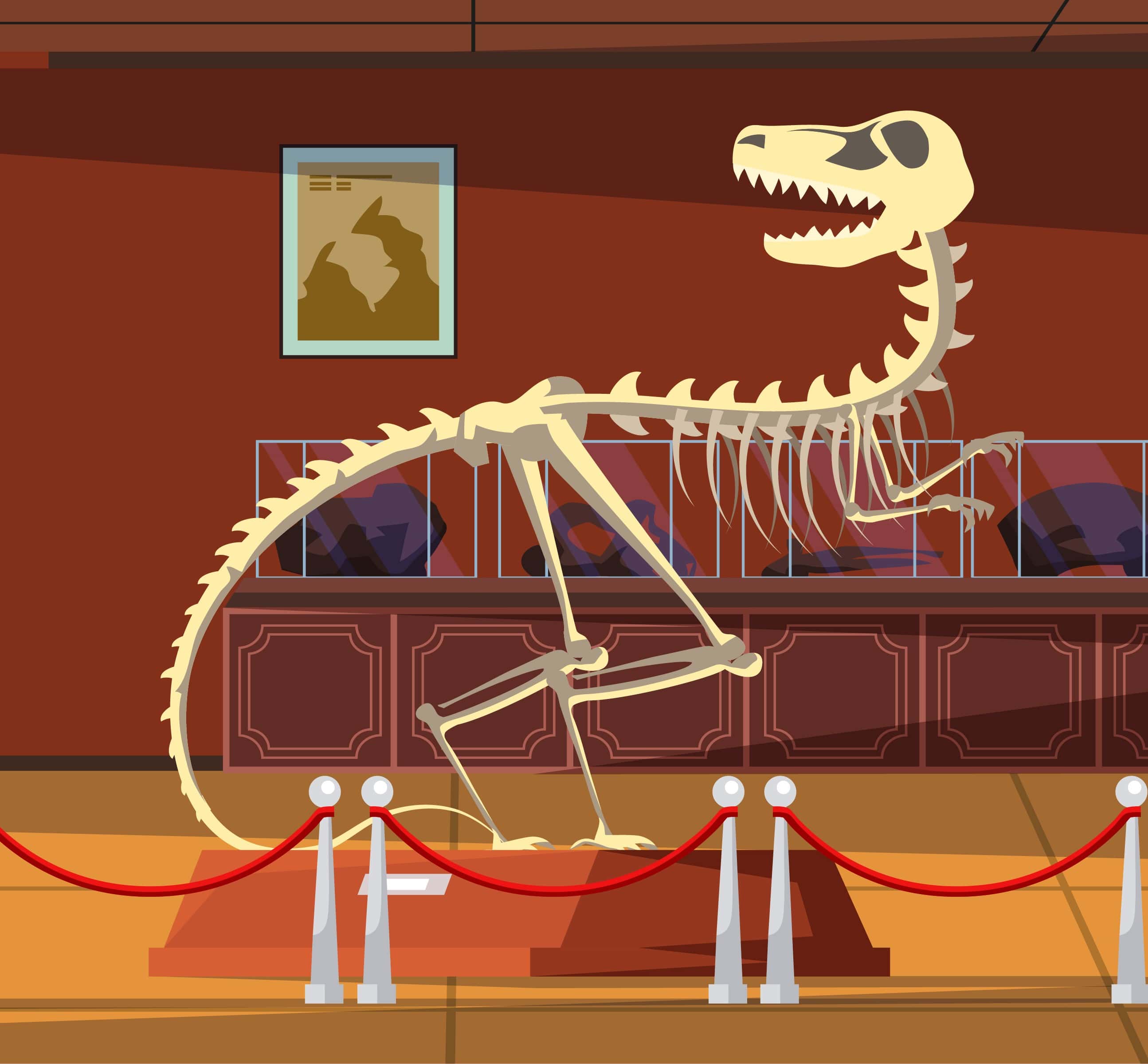 Cartoon-style museum with dinosaur skeletons on display, including ropes and framed maps.