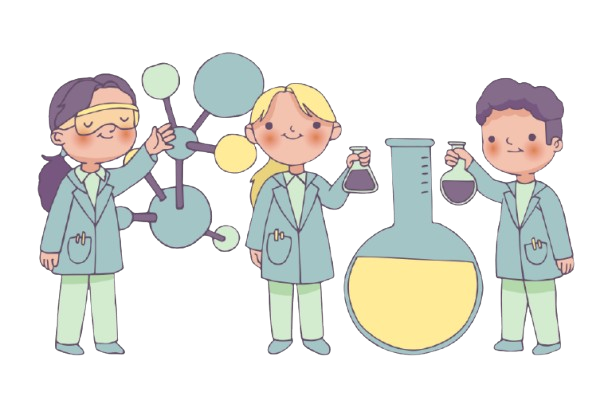 Three cartoon scientists with flasks and a molecular model, smiling as they work.