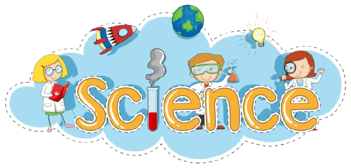 Illustration of children in lab coats engaging with scientific tools like test tubes and a microscope, with the word 'Science' displayed.