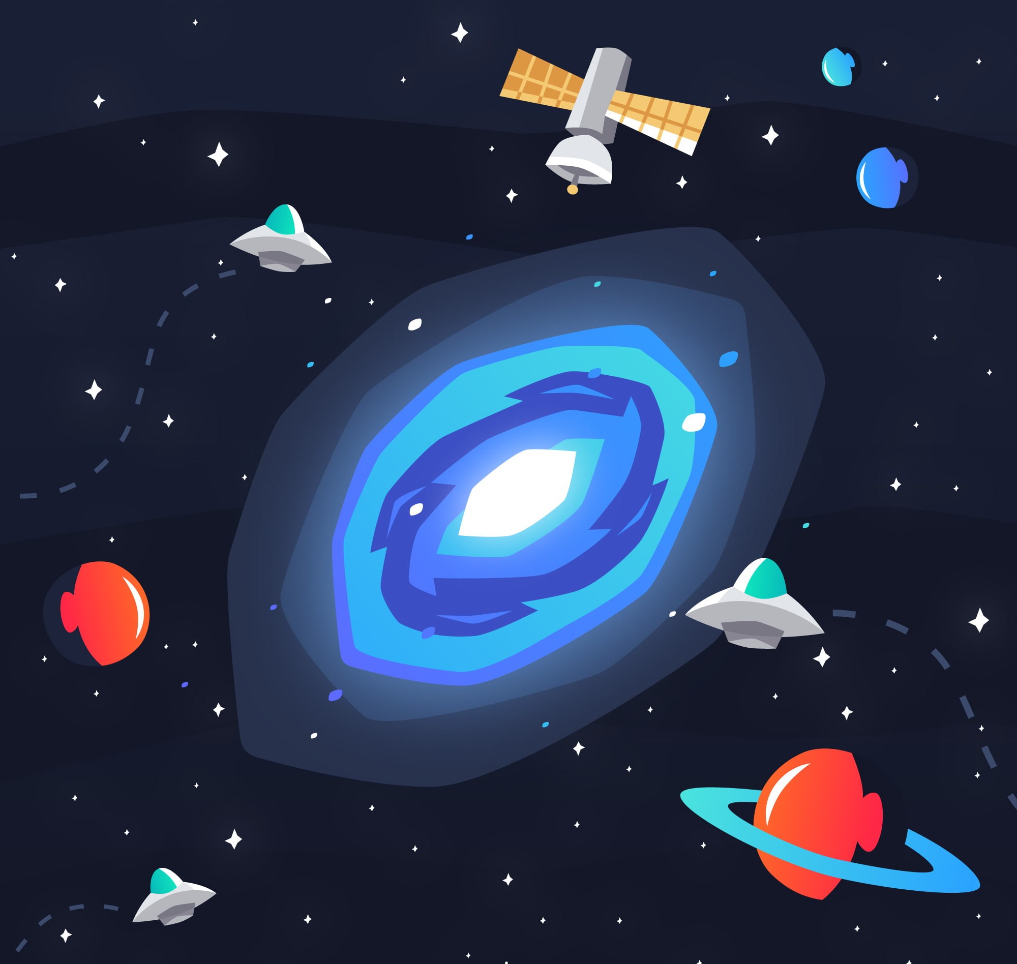 Cartoon illustration of a space scene featuring a satellite, UFOs, and colorful planets, with stars in the background.
