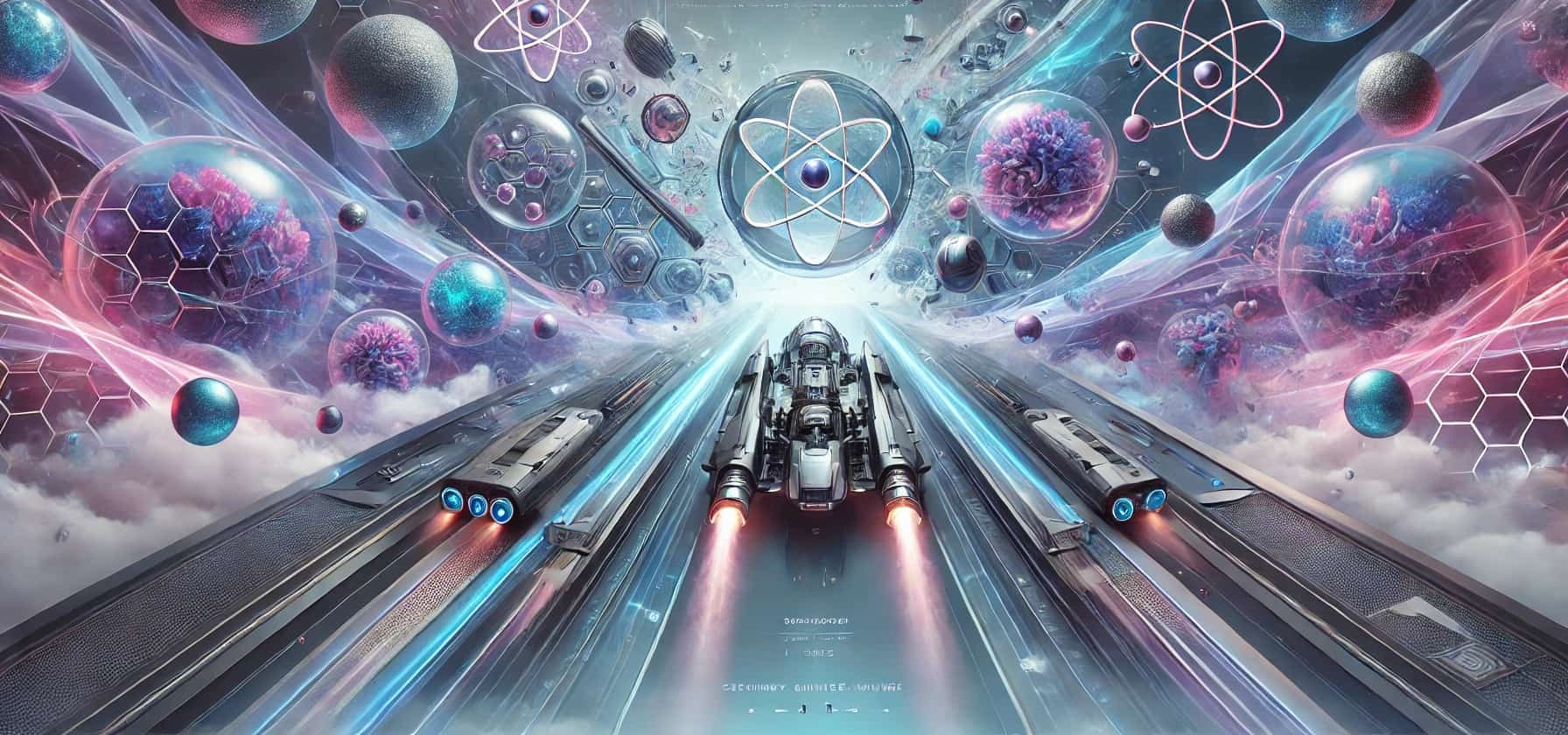 Futuristic cartoon-style illustration of a spaceship traveling through space, with planets and stars in the background.