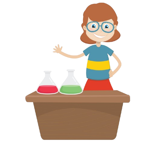 A cartoon teacher with glasses at a table, gesturing to flasks with red and green liquids.