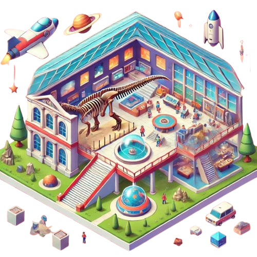 An isometric cartoon-style illustration of a museum with a dinosaur exhibit and a space-themed area. The layout includes vibrant displays, interactive exhibits, and a playful, modern design.