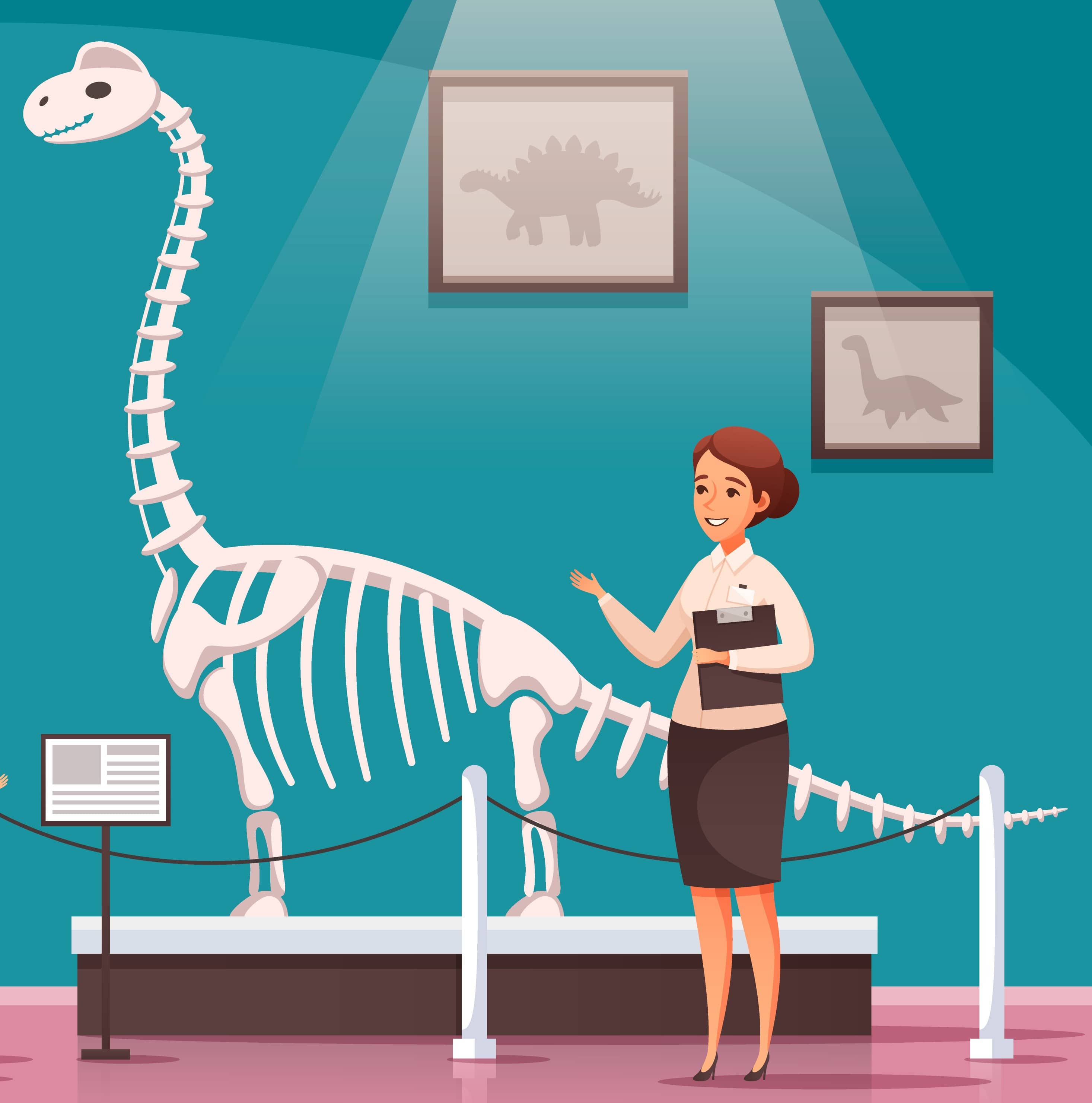 A cartoon-style illustration of a museum volunteer giving a tour to visitors, standing next to a dinosaur skeleton exhibit.